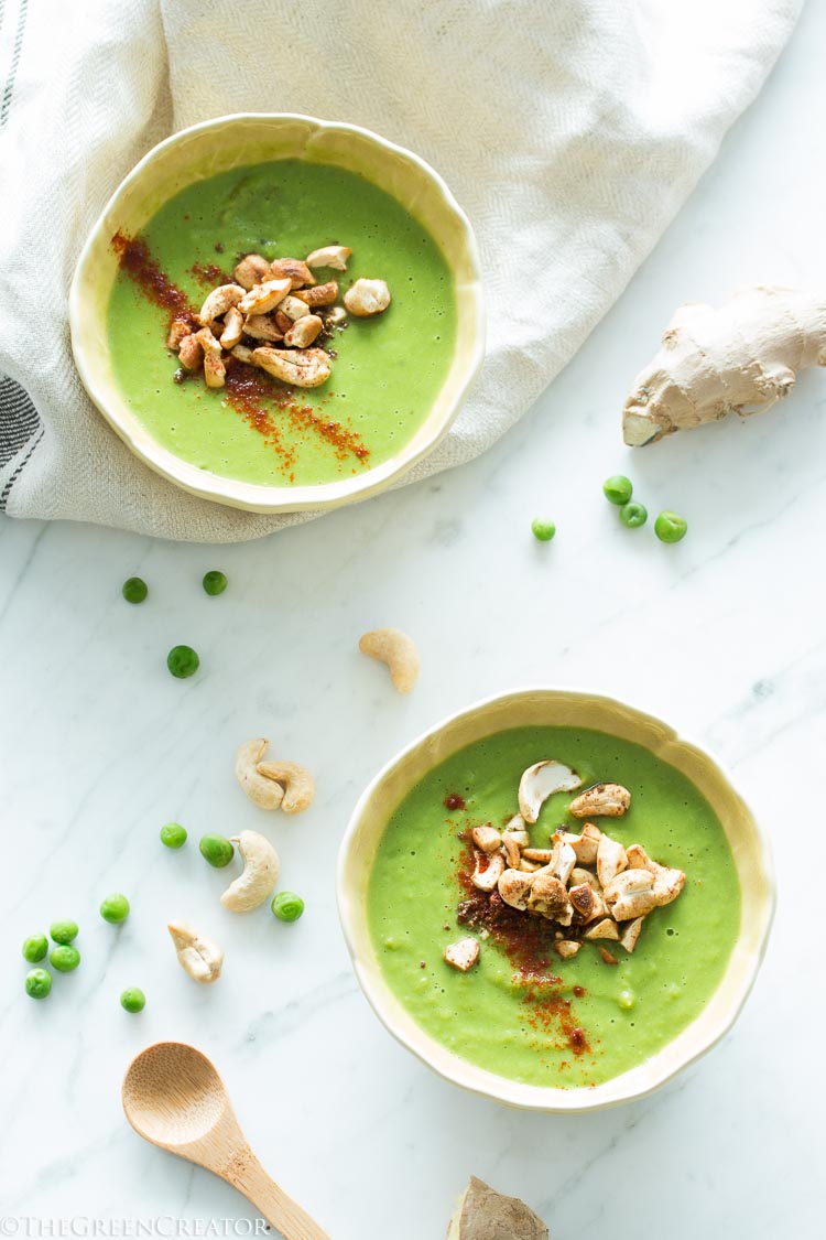 Green Peas and Ginger Soup with Spiced Cashew Nuts