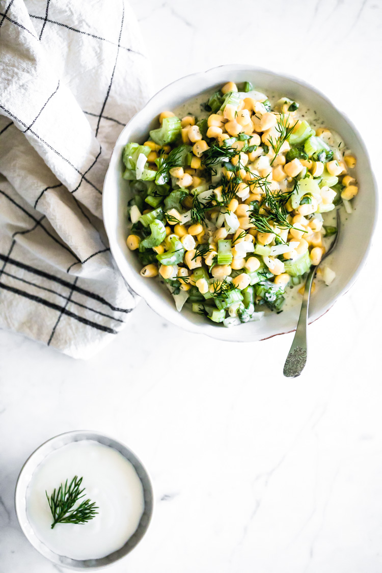 Corn Celery Salad with Dill and Vegan Yogurt Sauce