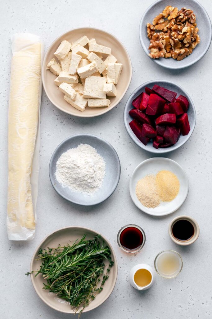 ingredients vegan wellington on a white tablecloth